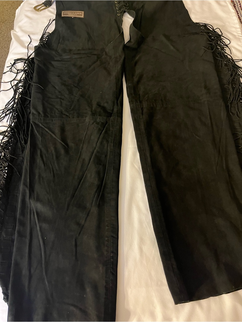 RARE Double D Leather Fringe Chaps with Intricate Beads & Sequin Floral Design - Picture 3 of 16